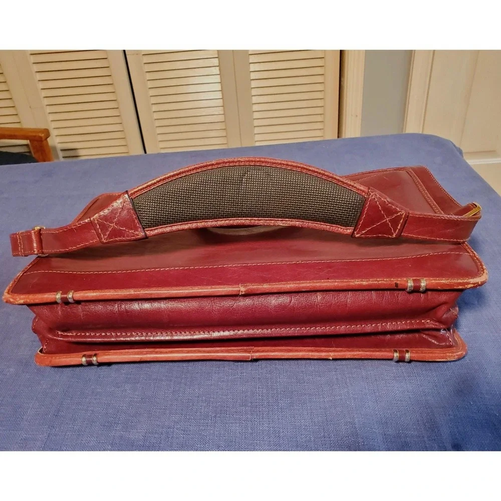 Cognac Brown Leather Briefcase‎ Lap Top Case Dbl Handle Shoulder Strap Vantaggio